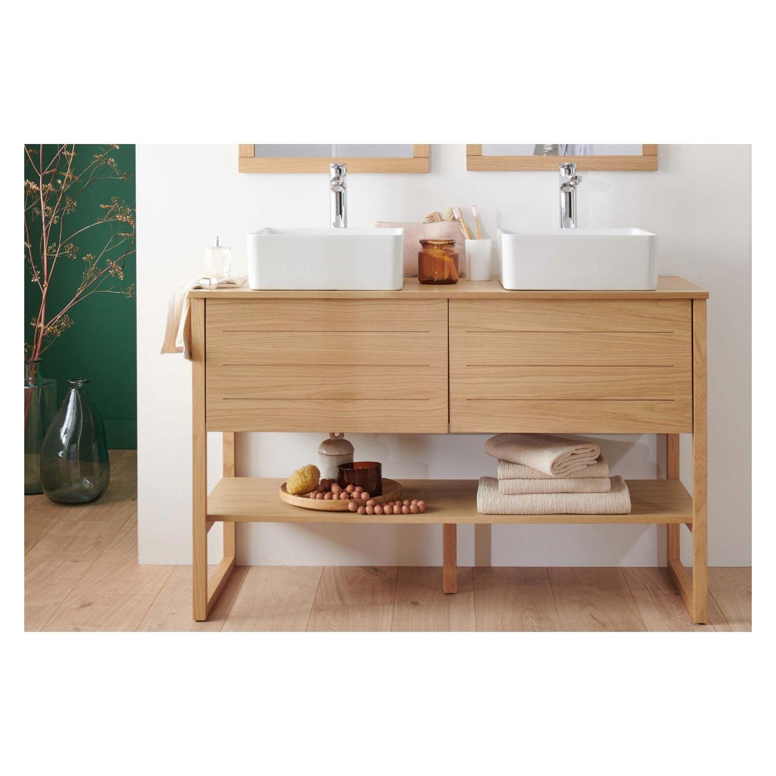 Ensemble meuble double vasque 120cm chêne naturel avec vasques carrées blanches et robinets