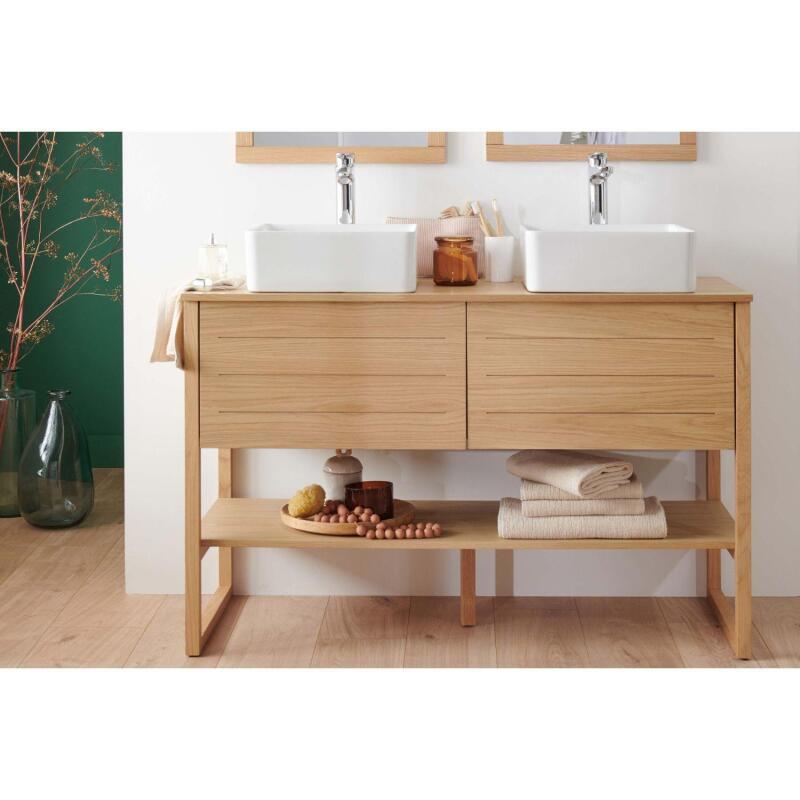 Ensemble meuble double vasque 120cm chêne naturel avec vasques carrées blanches et robinets