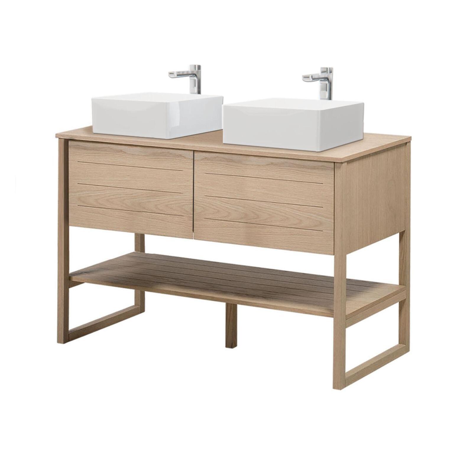 Ensemble meuble double vasque 120cm chêne naturel avec vasques carrées blanches et robinets