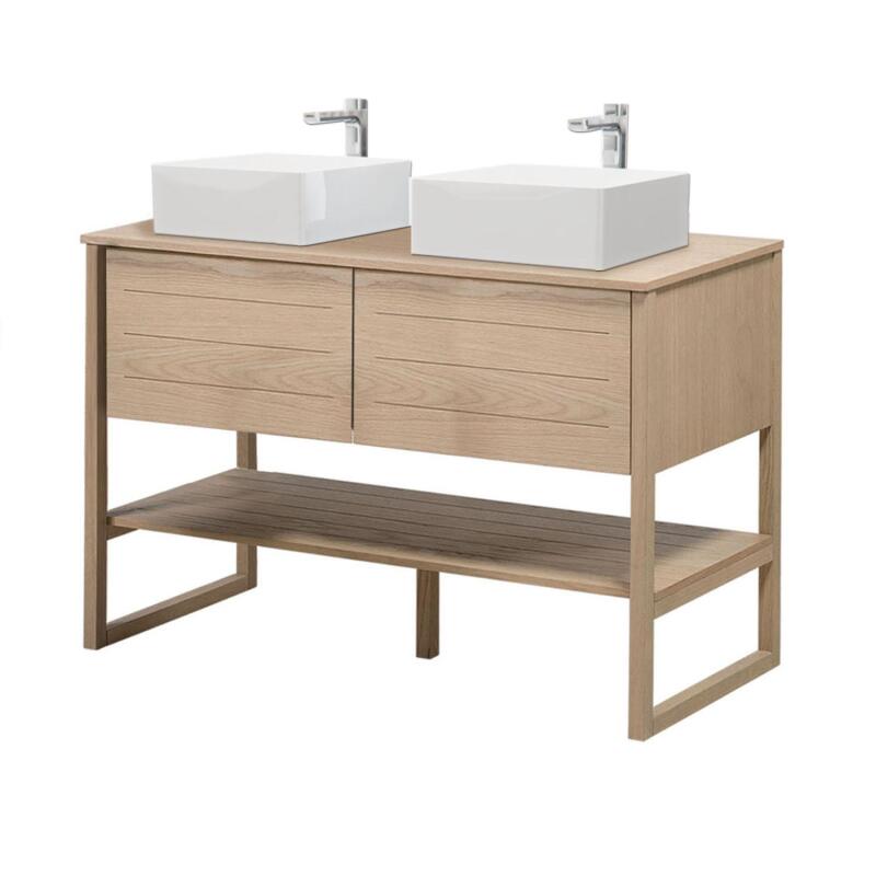 Ensemble meuble double vasque 120cm chêne naturel avec vasques carrées blanches et robinets