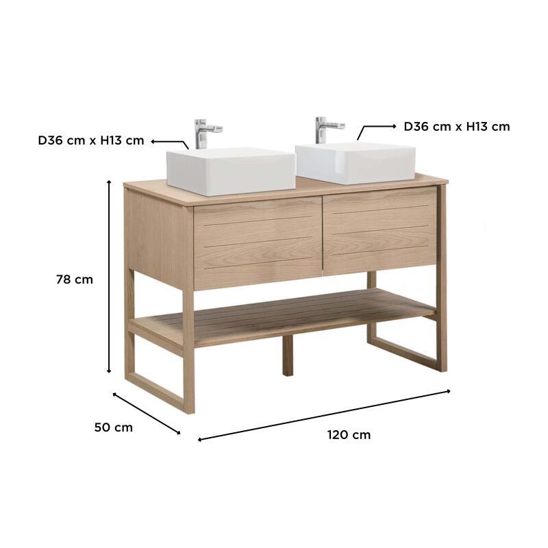 Ensemble meuble double vasque 120cm chêne naturel avec vasques carrées blanches et robinets