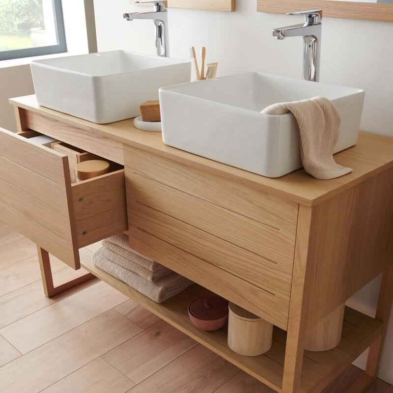 Ensemble meuble double vasque 120cm chêne naturel avec vasques carrées blanches et robinets