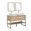 Ensemble salle de bain 120cm double vasque chêne naturel avec colonne, vasques carrées, miroirs et robinets