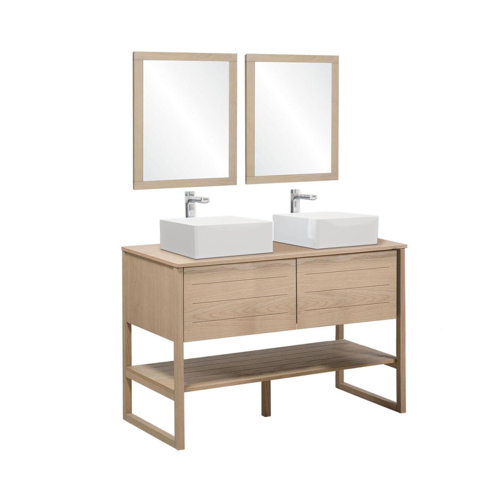 Ensemble salle de bain 120cm double vasque chêne naturel avec colonne, vasques carrées, miroirs et robinets