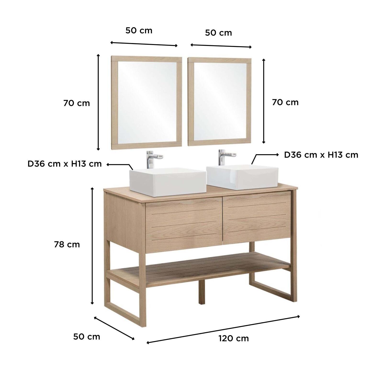 Ensemble salle de bain 120cm double vasque chêne naturel avec colonne, vasques carrées, miroirs et robinets