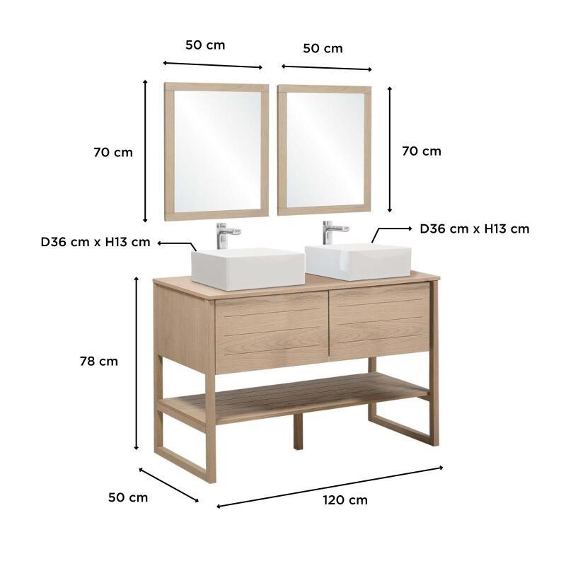 Ensemble salle de bain 120cm double vasque chêne naturel avec colonne, vasques carrées, miroirs et robinets