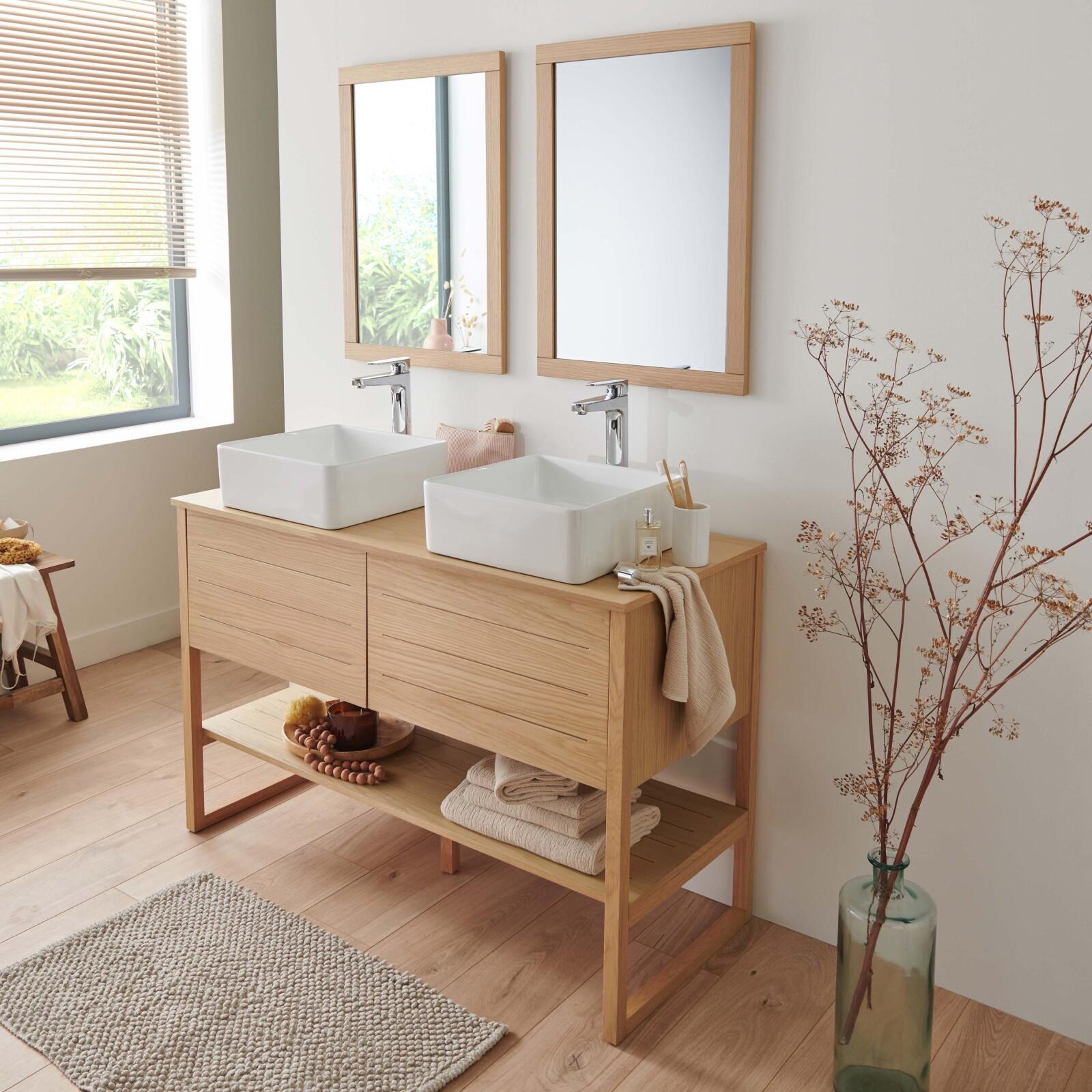 Ensemble salle de bain 120cm double vasque chêne naturel avec colonne, vasques carrées, miroirs et robinets