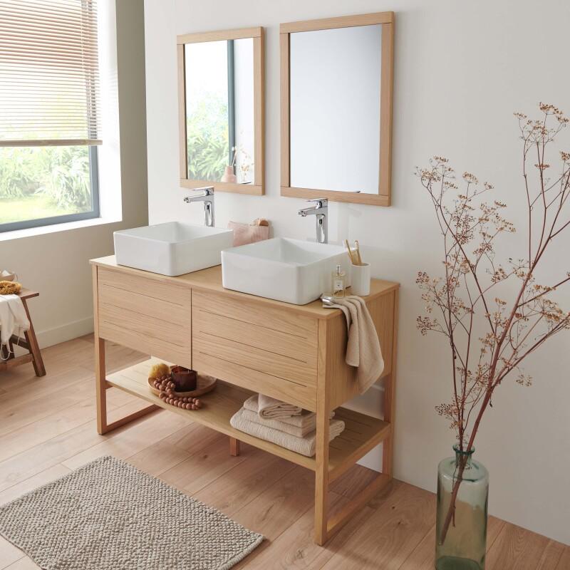 Ensemble salle de bain 120cm double vasque chêne naturel avec colonne, vasques carrées, miroirs et robinets
