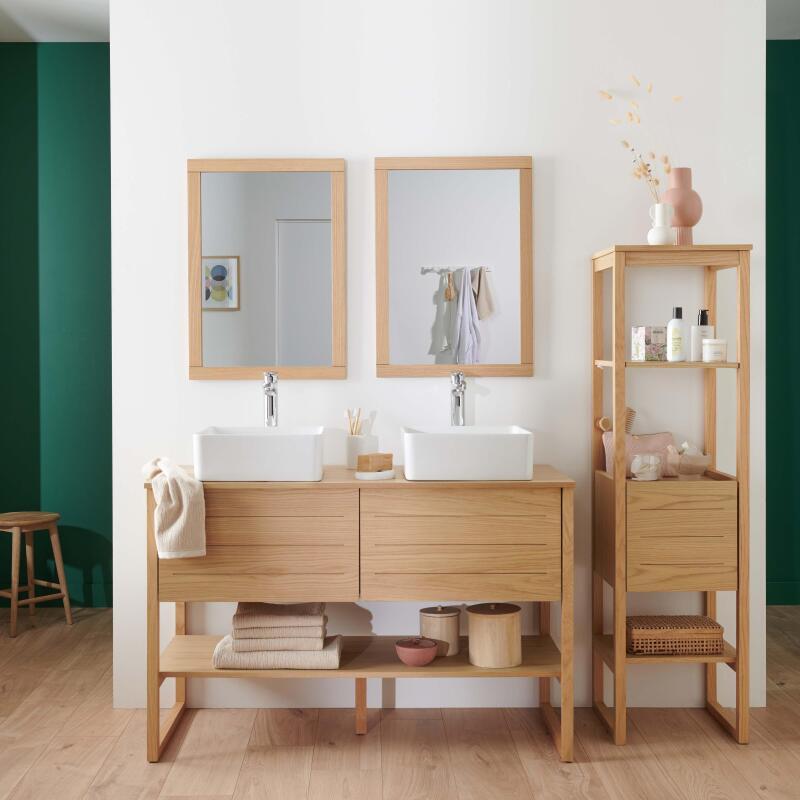 Ensemble salle de bain 120cm double vasque chêne naturel avec colonne, vasques carrées, miroirs et robinets