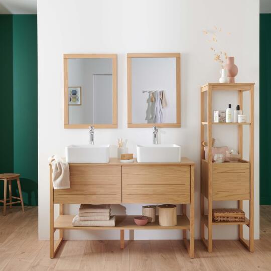 Ensemble salle de bain 120cm double vasque chêne naturel avec colonne, vasques carrées, miroirs et robinets