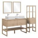 Ensemble salle de bain 120cm double vasque chêne naturel avec colonne, vasques carrées, miroirs et robinets