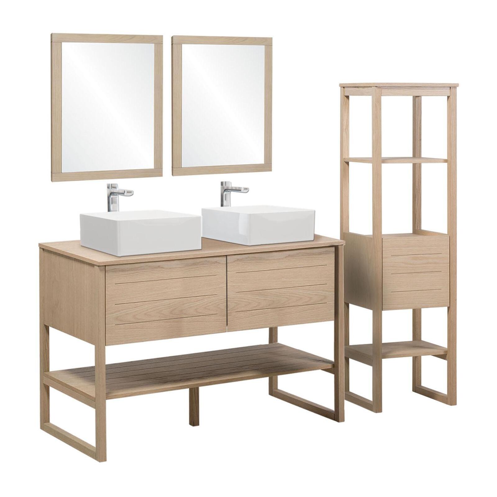 Ensemble salle de bain 120cm double vasque chêne naturel avec colonne, vasques carrées, miroirs et robinets
