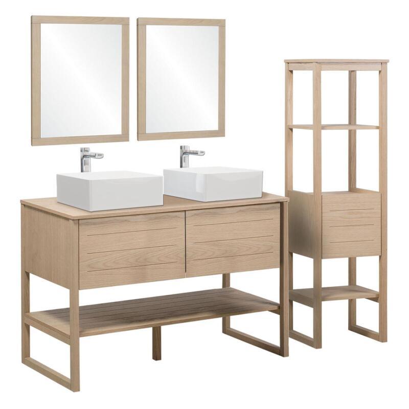 Ensemble salle de bain 120cm double vasque chêne naturel avec colonne, vasques carrées, miroirs et robinets