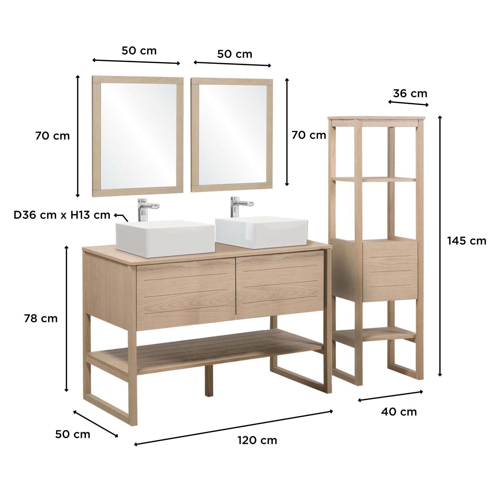 Ensemble salle de bain 120cm double vasque chêne naturel avec colonne, vasques carrées, miroirs et robinets