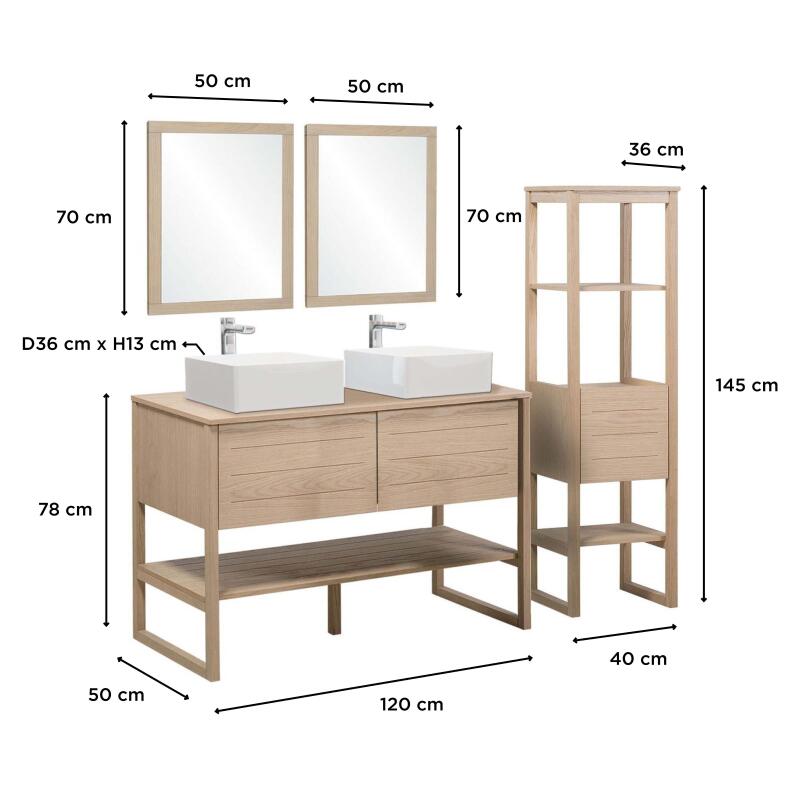 Ensemble salle de bain 120cm double vasque chêne naturel avec colonne, vasques carrées, miroirs et robinets