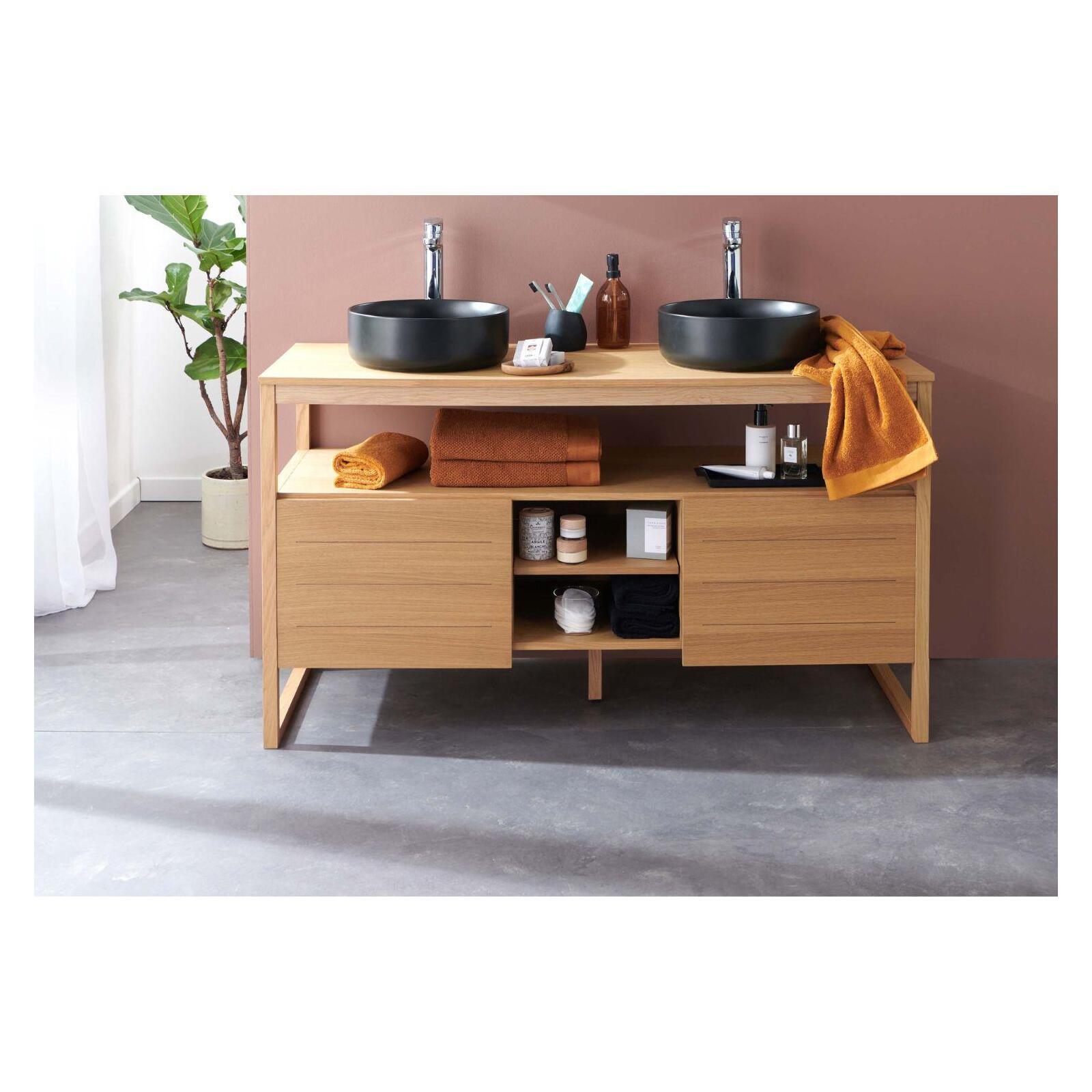 Ensemble meuble double vasque 140cm chêne naturel avec vasques rondes noires et robinets