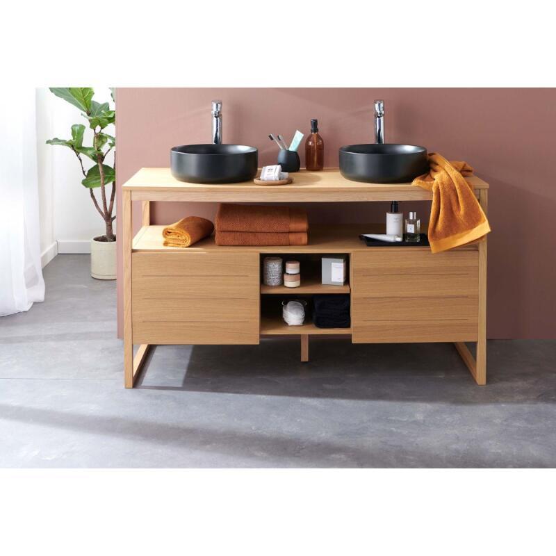 Ensemble meuble double vasque 140cm chêne naturel avec vasques rondes noires et robinets