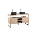 Ensemble meuble double vasque 140cm chêne naturel avec vasques rondes noires et robinets