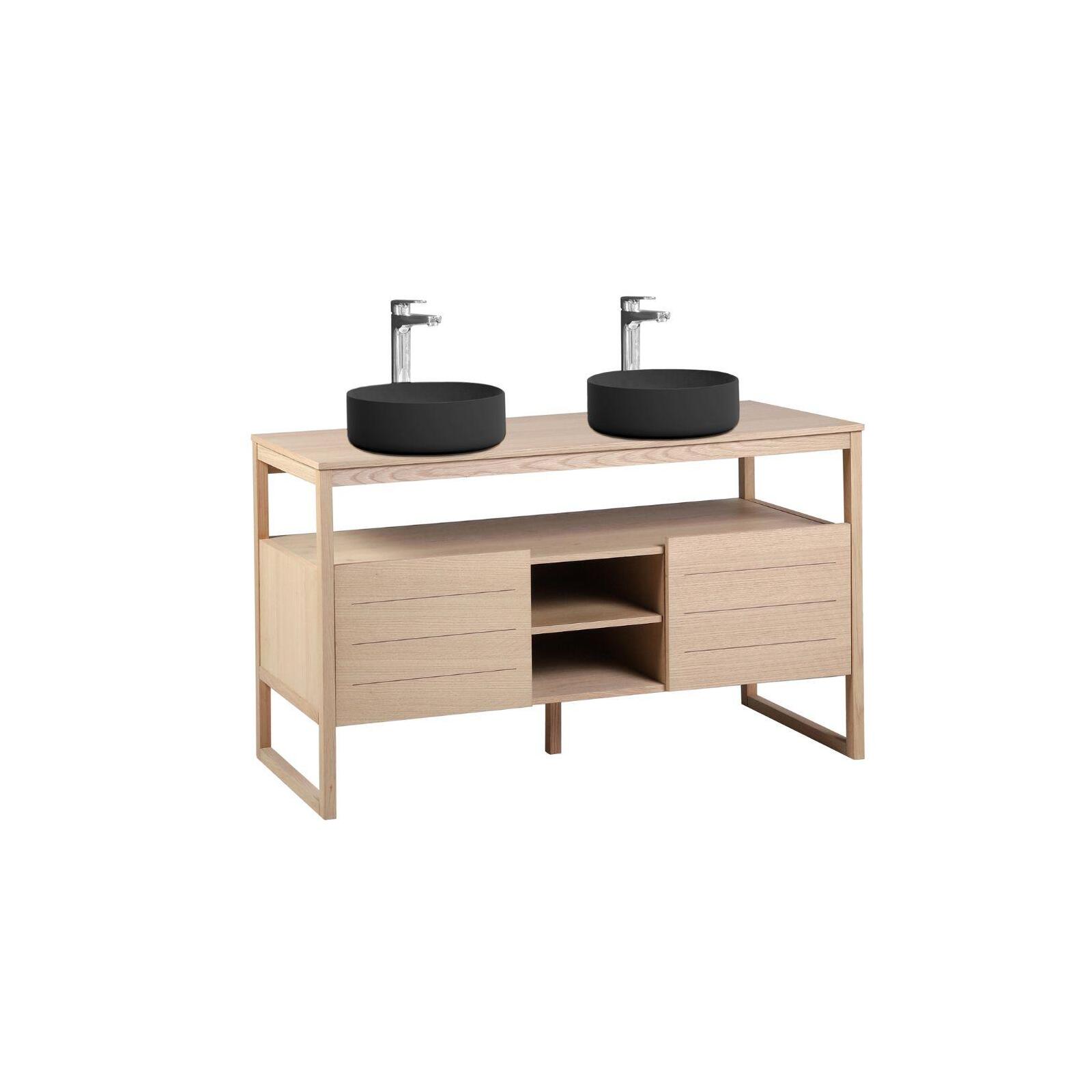 Ensemble meuble double vasque 140cm chêne naturel avec vasques rondes noires et robinets