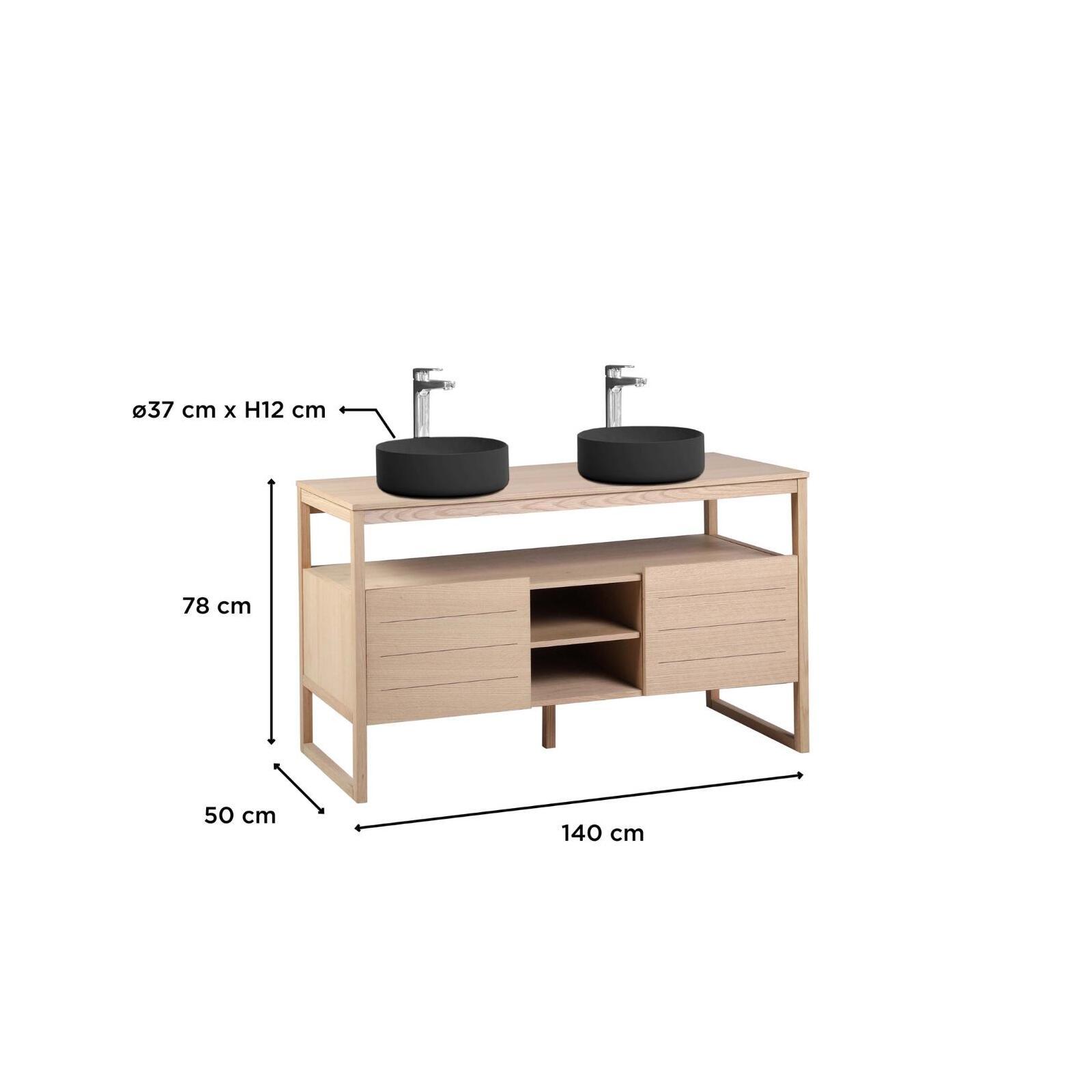 Ensemble meuble double vasque 140cm chêne naturel avec vasques rondes noires et robinets