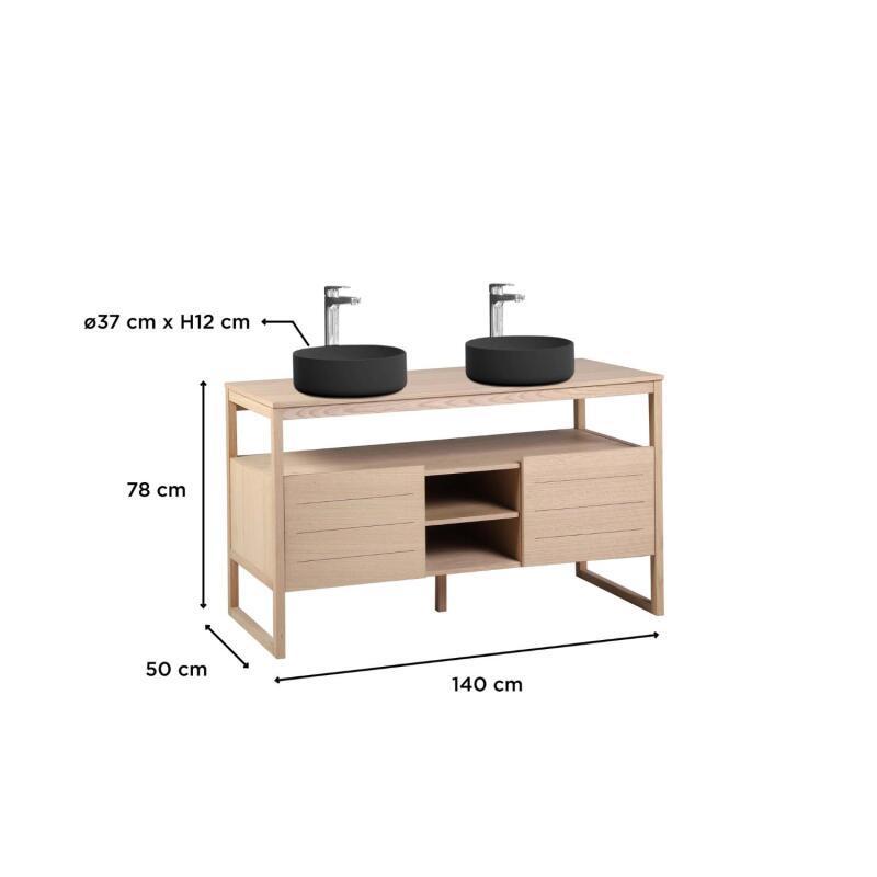 Ensemble meuble double vasque 140cm chêne naturel avec vasques rondes noires et robinets