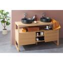 Ensemble meuble double vasque 140cm chêne naturel avec vasques rondes noires et robinets
