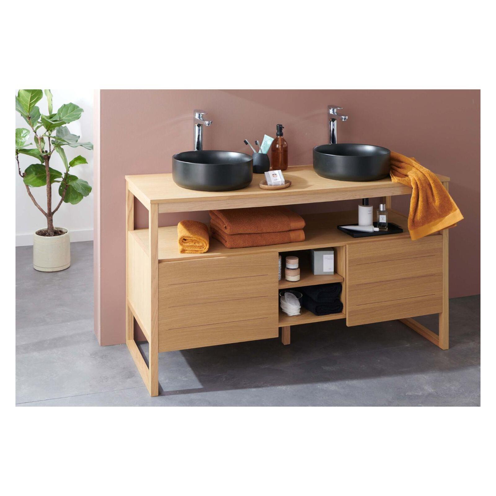 Ensemble meuble double vasque 140cm chêne naturel avec vasques rondes noires et robinets