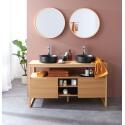 Ensemble double vasque 140cm chêne naturel avec vasques rondes noires, robinets et miroir