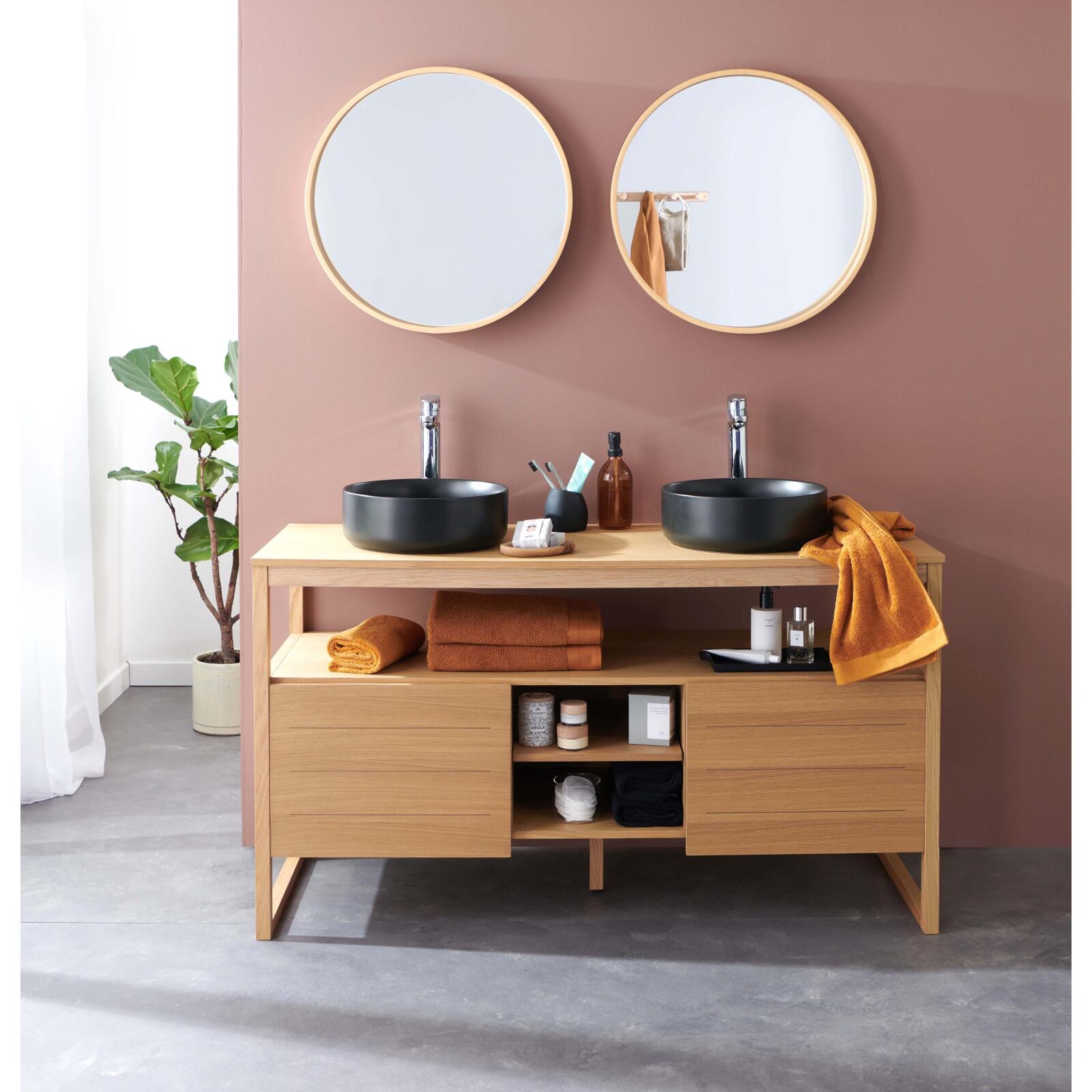 Ensemble double vasque 140cm chêne naturel avec vasques rondes noires, robinets et miroir