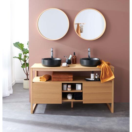 Ensemble double vasque 140cm chêne naturel avec vasques rondes noires, robinets et miroir