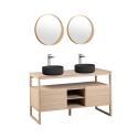 Ensemble double vasque 140cm chêne naturel avec vasques rondes noires, robinets et miroir