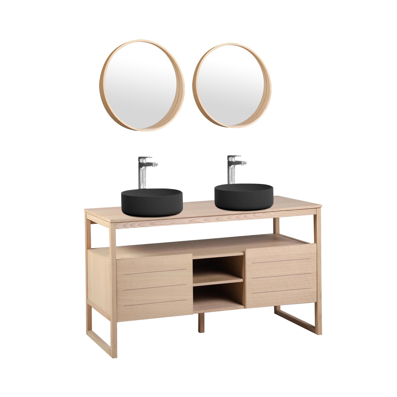 Ensemble double vasque 140cm chêne naturel avec vasques rondes noires, robinets et miroir
