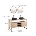 Ensemble double vasque 140cm chêne naturel avec vasques rondes noires, robinets et miroir