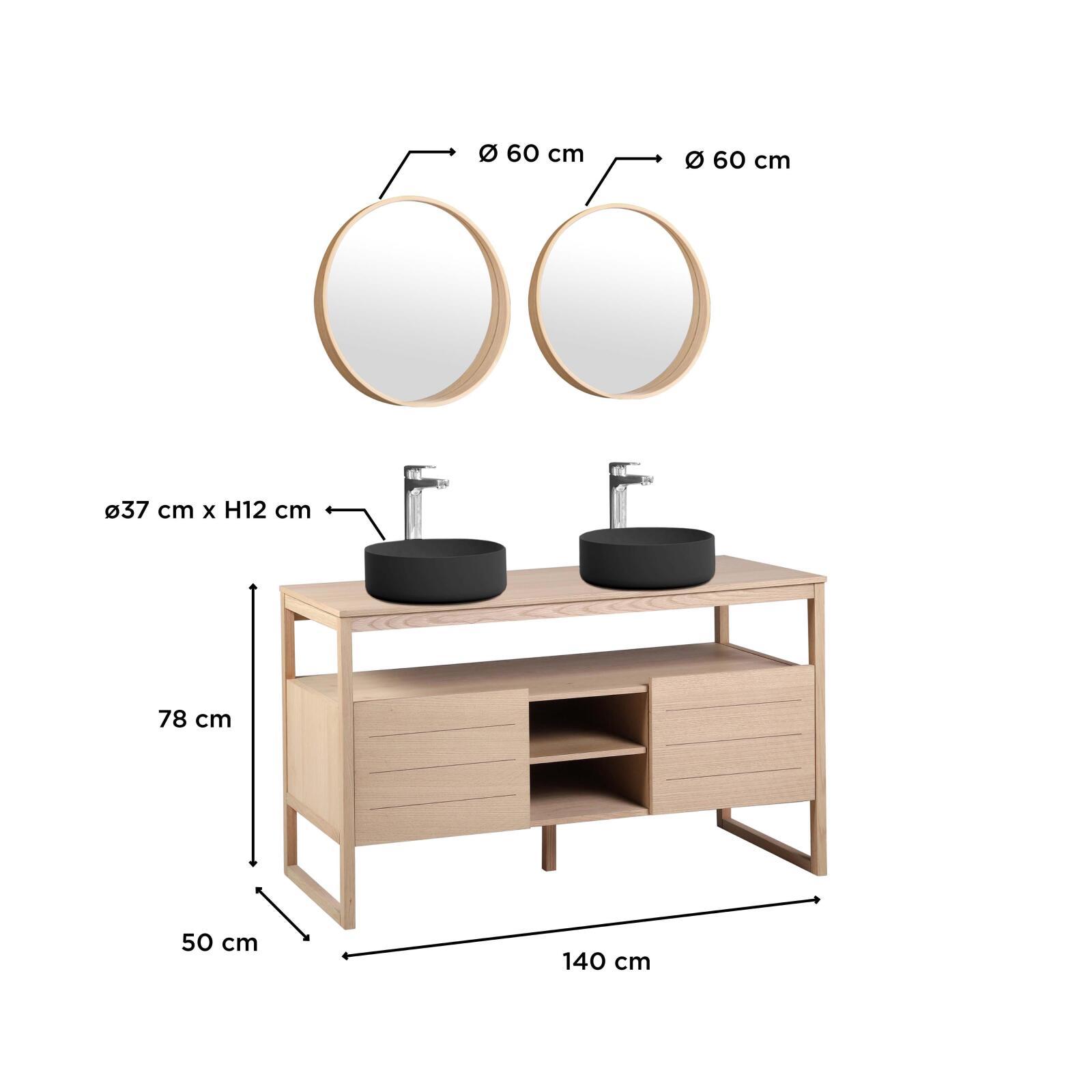 Ensemble double vasque 140cm chêne naturel avec vasques rondes noires, robinets et miroir