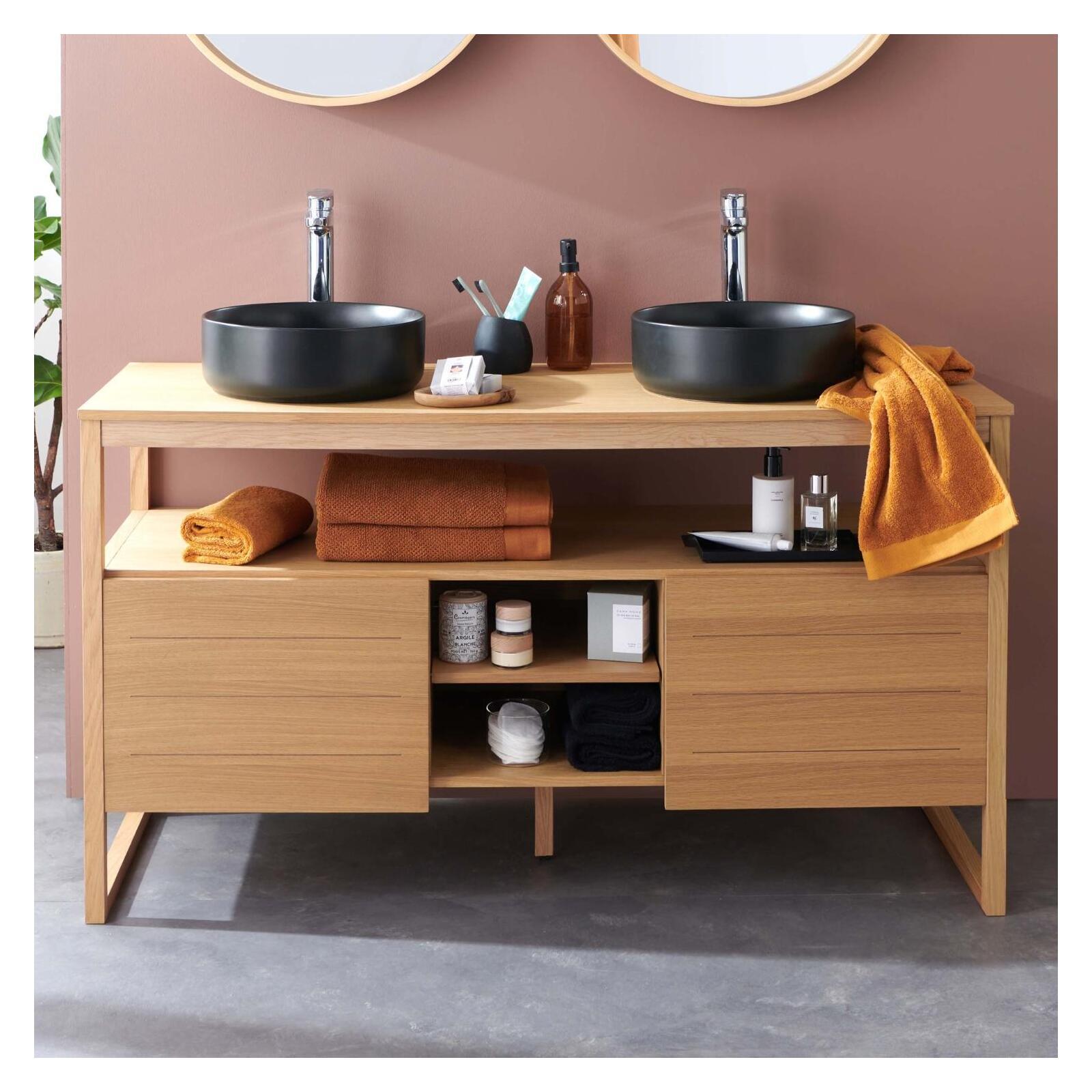 Ensemble meuble double vasque 140cm chêne naturel avec vasques rondes noires