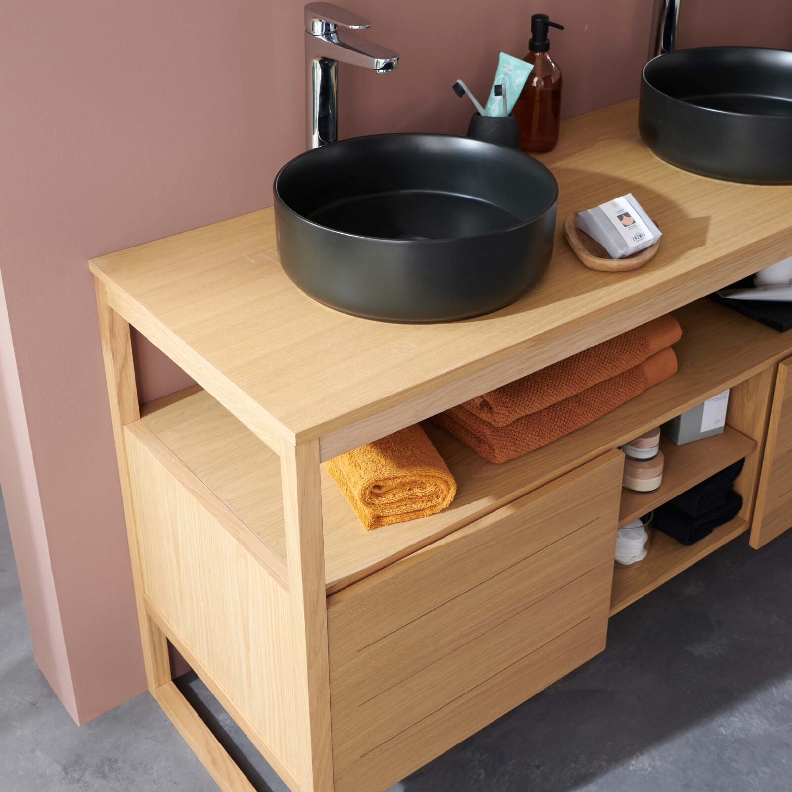 Ensemble meuble double vasque 140cm chêne naturel avec vasques rondes noires