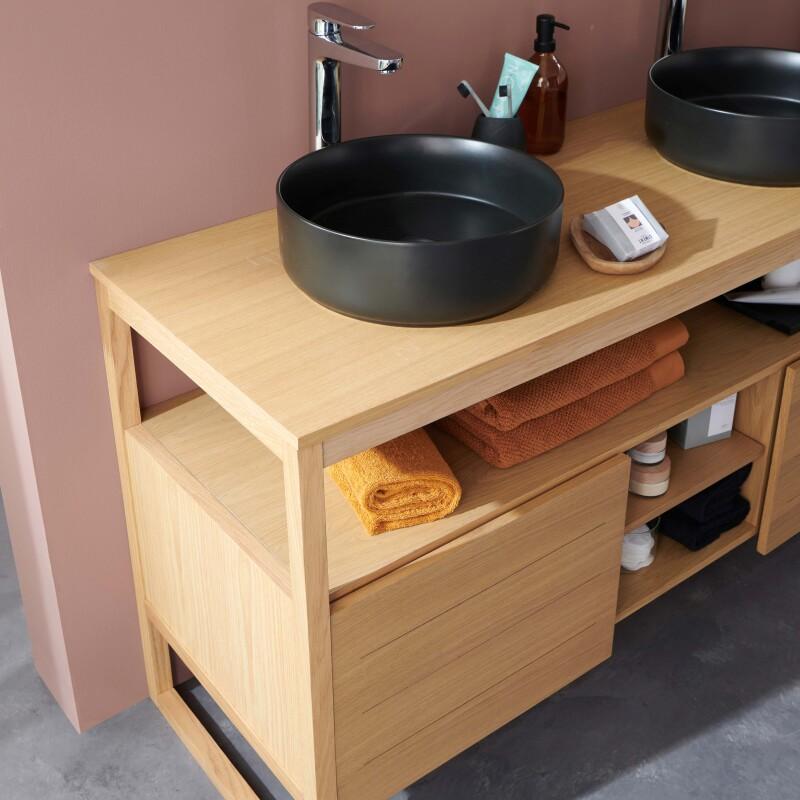 Ensemble meuble double vasque 140cm chêne naturel avec vasques rondes noires
