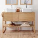 Ensemble meuble double vasque 120cm chêne naturel avec vasques carrées blanches et robinets