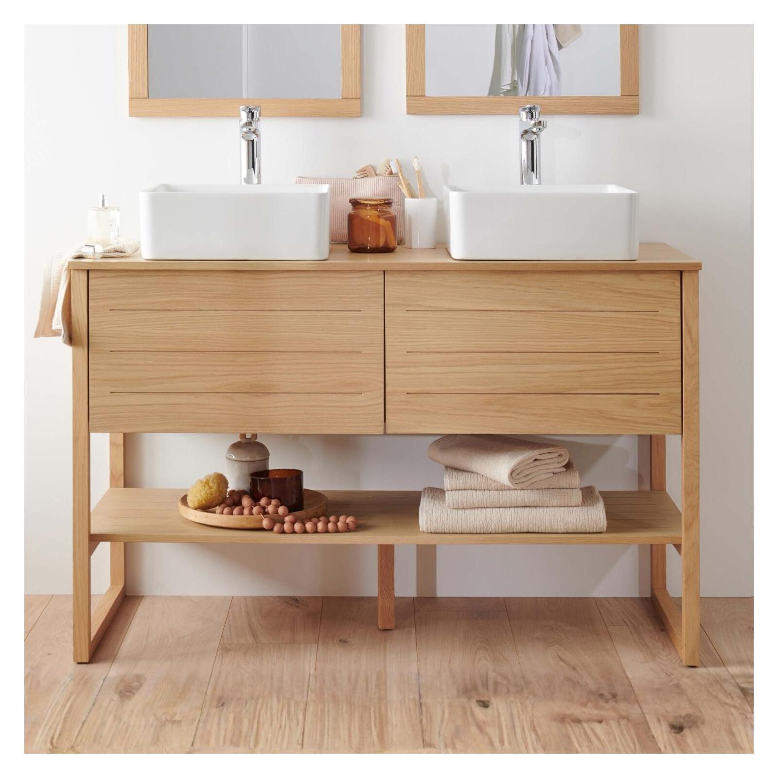 Ensemble meuble double vasque 120cm chêne naturel avec vasques carrées blanches et robinets