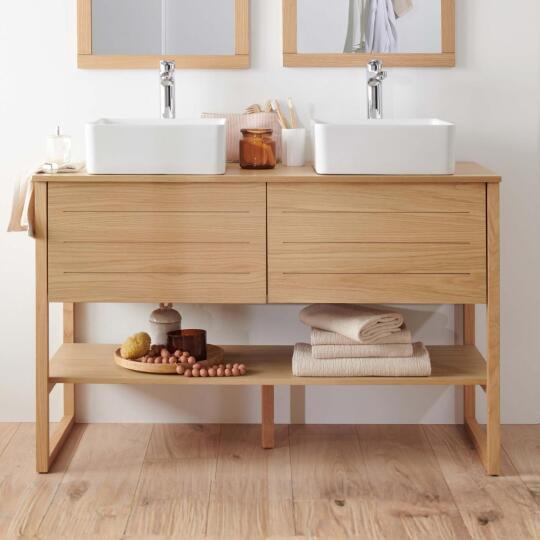 Ensemble meuble double vasque 120cm chêne naturel avec vasques carrées blanches et robinets