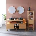 Ensemble salle de bain 140cm double vasque chêne naturel avec colonne, vasques rondes noires, miroirs et robinets