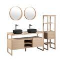 Ensemble salle de bain 140cm double vasque chêne naturel avec colonne, vasques rondes noires, miroirs et robinets