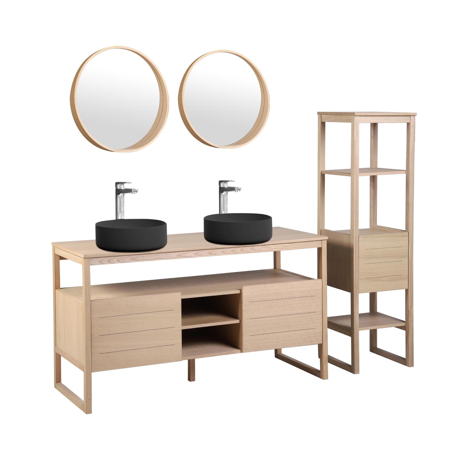 Ensemble salle de bain 140cm double vasque chêne naturel avec colonne, vasques rondes noires, miroirs et robinets