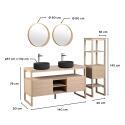 Ensemble salle de bain 140cm double vasque chêne naturel avec colonne, vasques rondes noires, miroirs et robinets