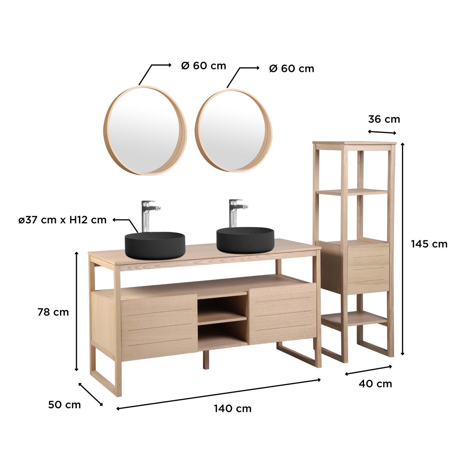 Ensemble salle de bain 140cm double vasque chêne naturel avec colonne, vasques rondes noires, miroirs et robinets