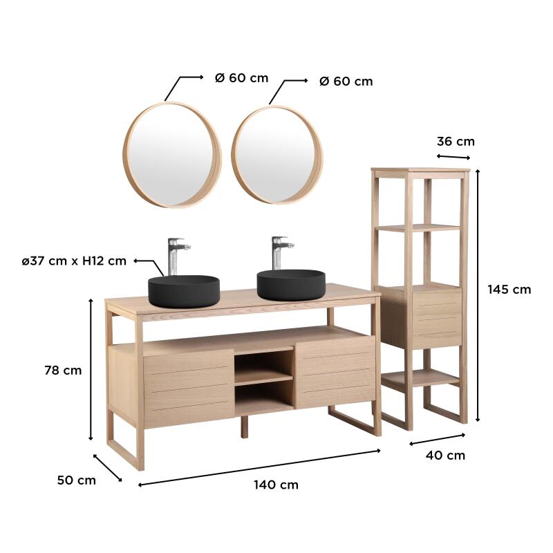 Ensemble salle de bain 140cm double vasque chêne naturel avec colonne, vasques rondes noires, miroirs et robinets