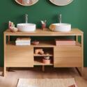 Ensemble meuble double vasque 140cm chêne naturel avec vasques rondes blanches