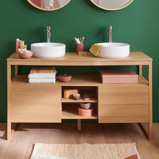 Ensemble meuble double vasque 140cm chêne naturel avec vasques rondes blanches