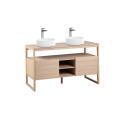 Ensemble meuble double vasque 140cm chêne naturel avec vasques rondes blanches