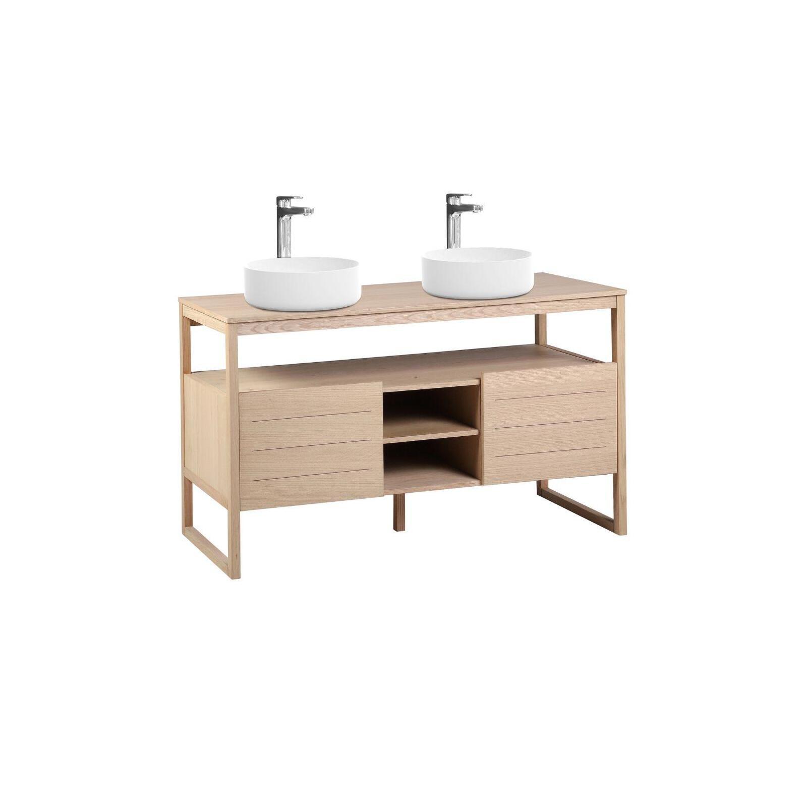 Ensemble meuble double vasque 140cm chêne naturel avec vasques rondes blanches